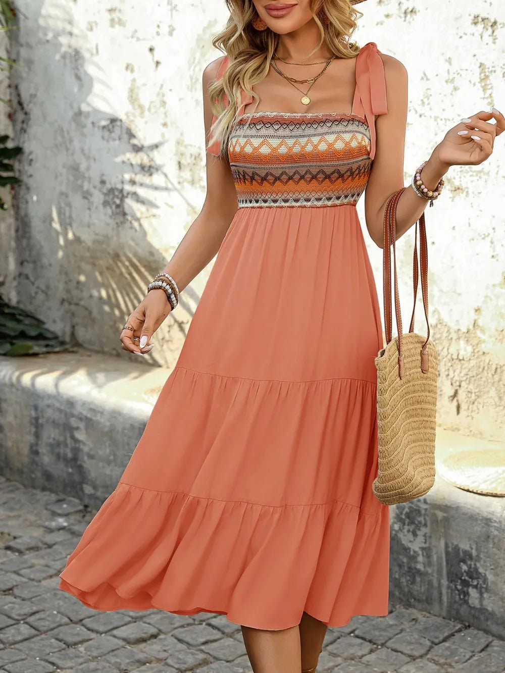 Elegant Tie Shoulder Square Neck Tiered Midi Dress - adritiX