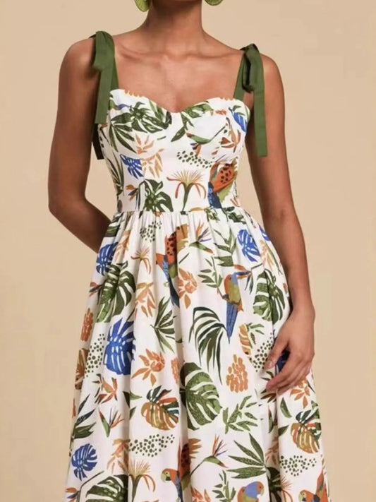 Elegant Tropical Print Tie - Shoulder Sweetheart Neck Midi Dress - adritiX