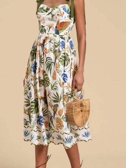 Elegant Tropical Print Tie - Shoulder Sweetheart Neck Midi Dress - adritiX