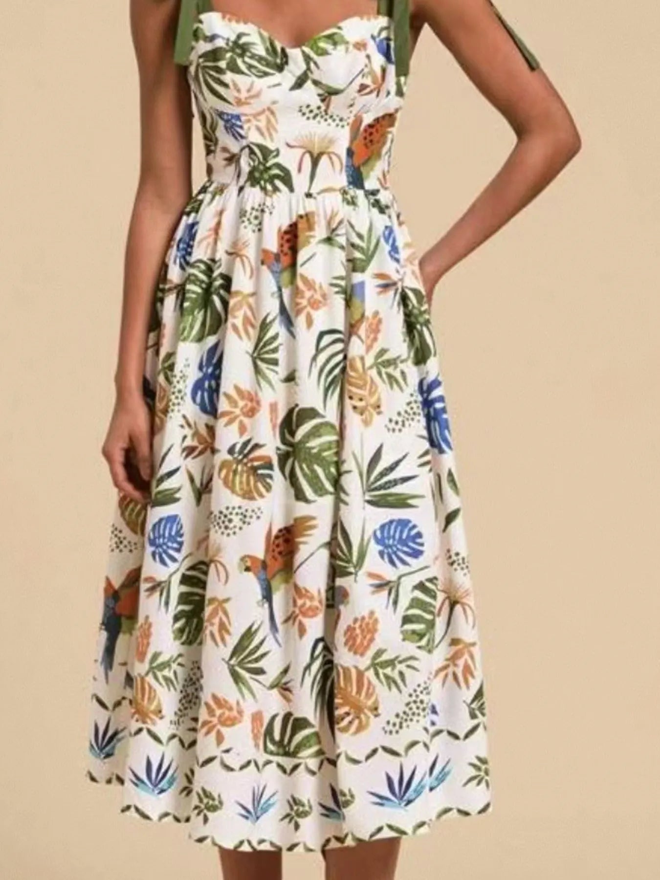 Elegant Tropical Print Tie - Shoulder Sweetheart Neck Midi Dress - adritiX