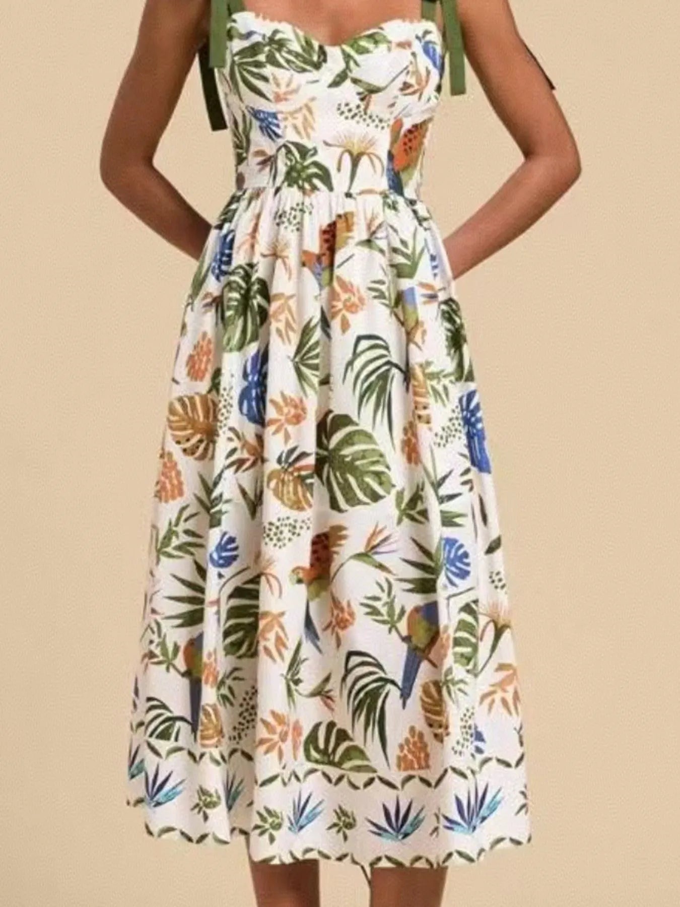 Elegant Tropical Print Tie - Shoulder Sweetheart Neck Midi Dress - adritiX