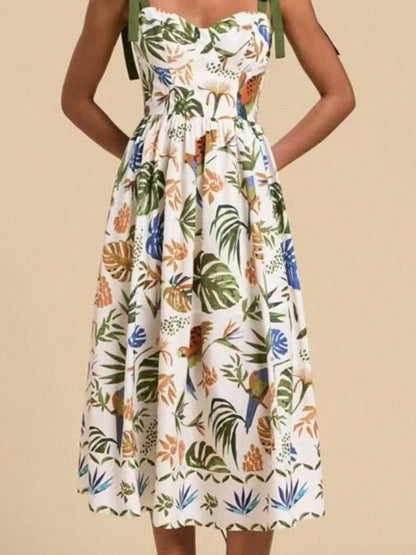 Elegant Tropical Print Tie - Shoulder Sweetheart Neck Midi Dress - adritiX