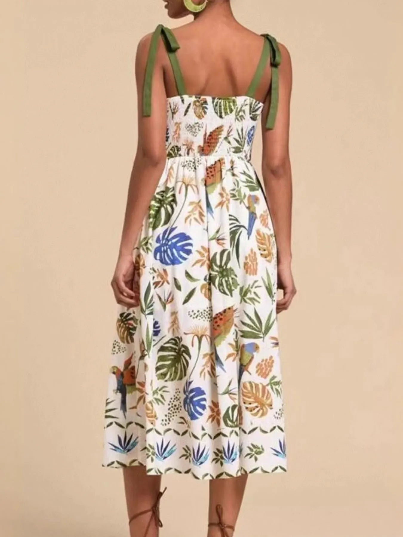 Elegant Tropical Print Tie - Shoulder Sweetheart Neck Midi Dress - adritiX