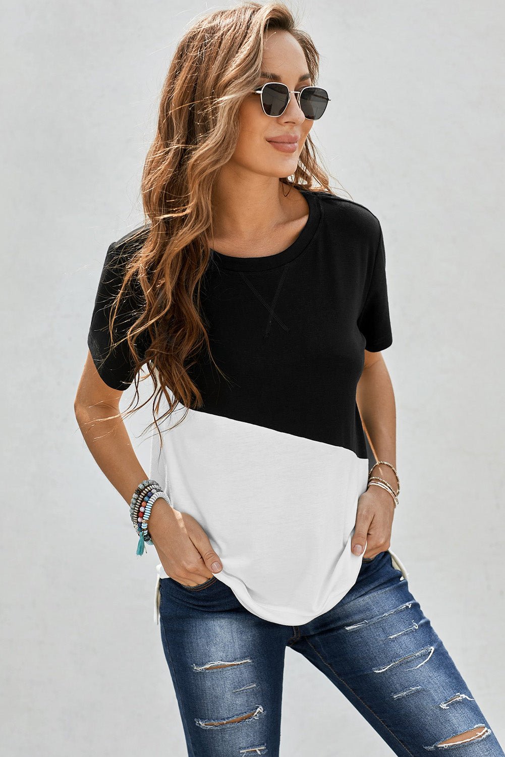 Elegant Two - Tone Round Neck Tee - adritiX