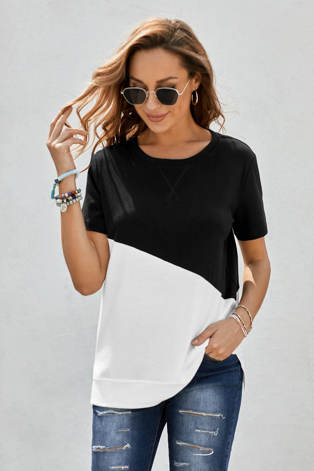 Elegant Two - Tone Round Neck Tee - adritiX
