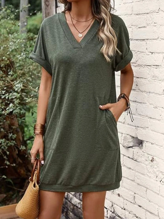 Elegant V - Neck Short Sleeve Mini Tee Dress - adritiX