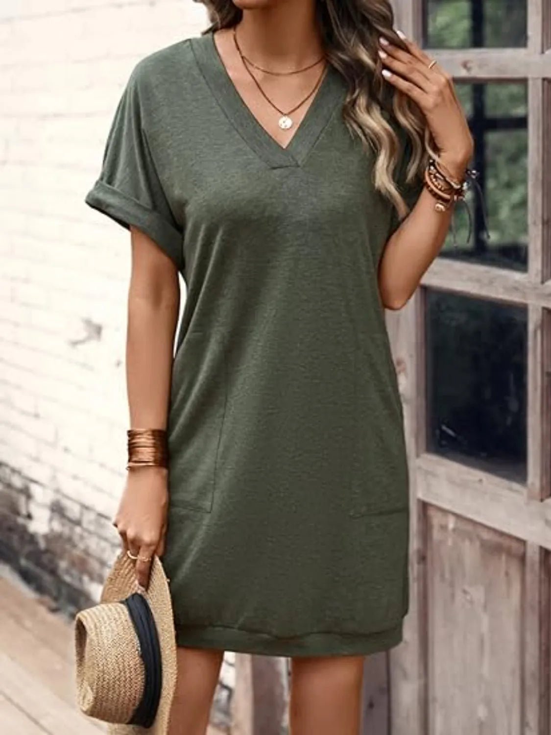 Elegant V - Neck Short Sleeve Mini Tee Dress - adritiX