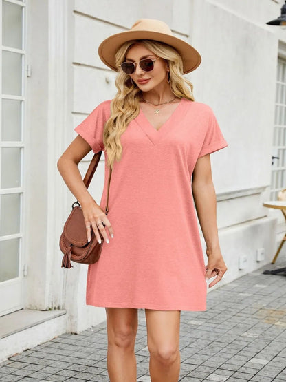 Elegant V - Neck Short Sleeve Mini Tee Dress - adritiX