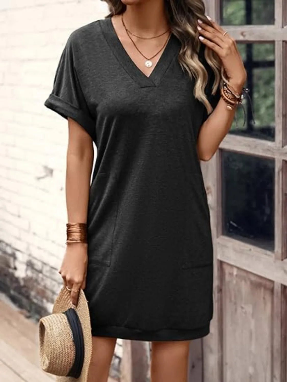 Elegant V - Neck Short Sleeve Mini Tee Dress - adritiX