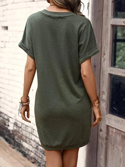 Elegant V - Neck Short Sleeve Mini Tee Dress - adritiX