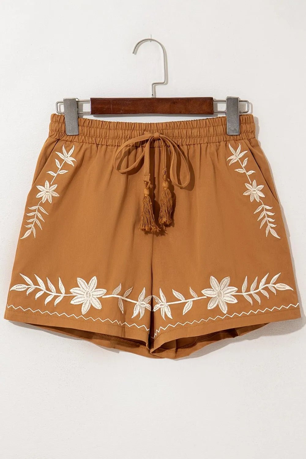 Embroidered Boho Tasseled Drawstring Elastic Waist Casual Shorts - adritiX
