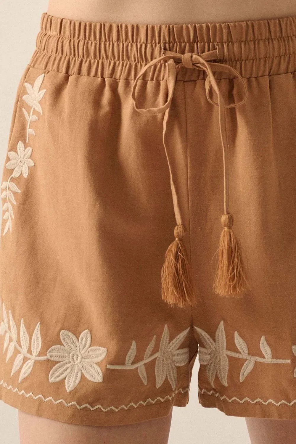 Embroidered Boho Tasseled Drawstring Elastic Waist Casual Shorts - adritiX