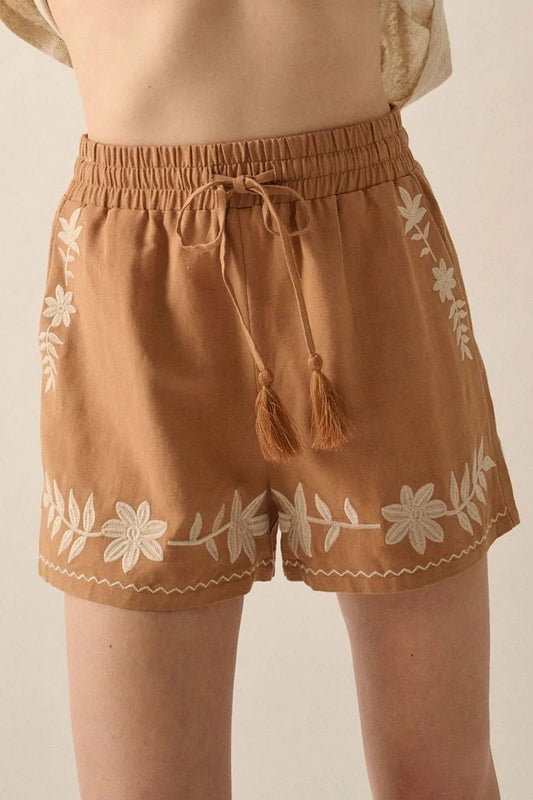 Embroidered Boho Tasseled Drawstring Elastic Waist Casual Shorts - adritiX