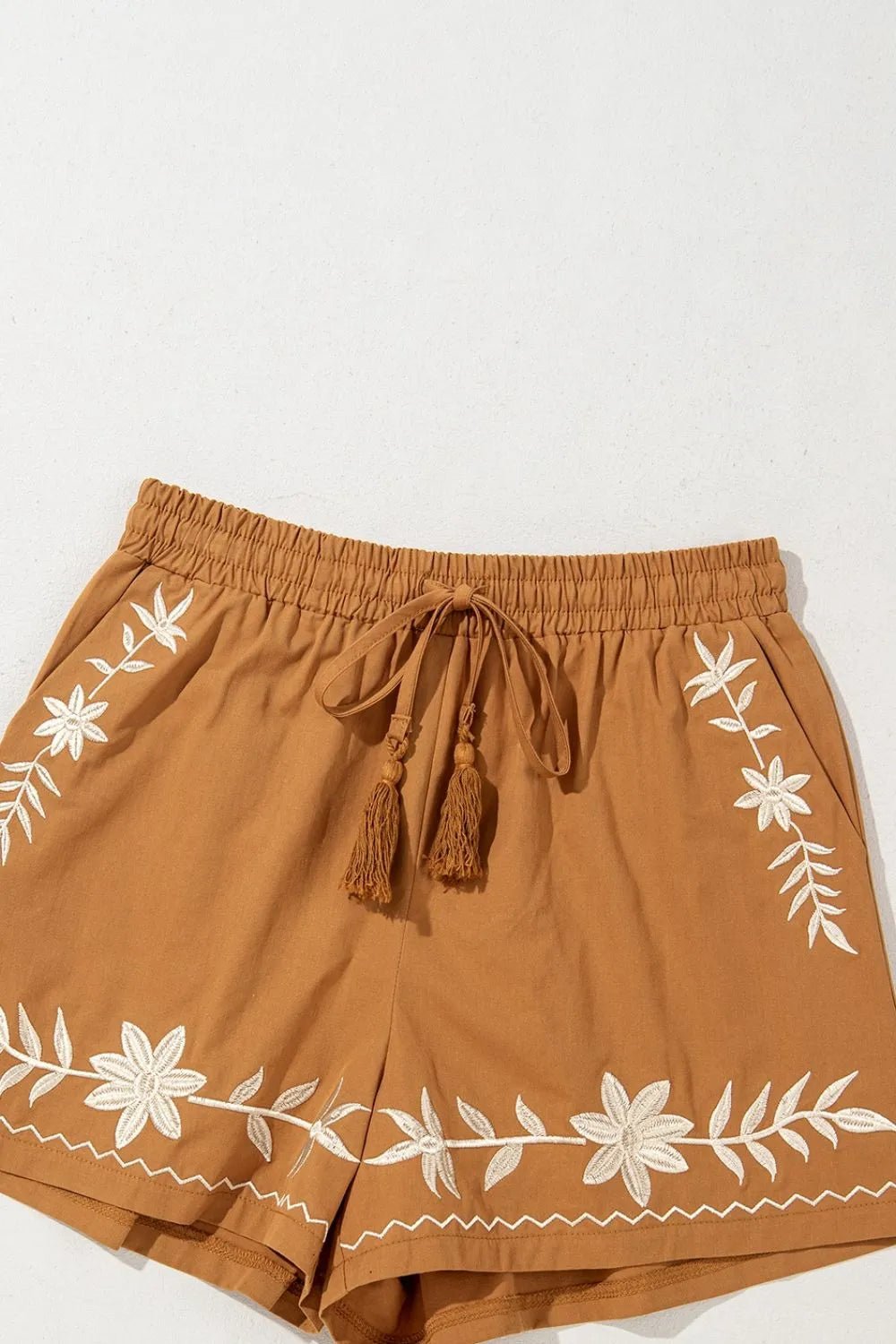 Embroidered Boho Tasseled Drawstring Elastic Waist Casual Shorts - adritiX