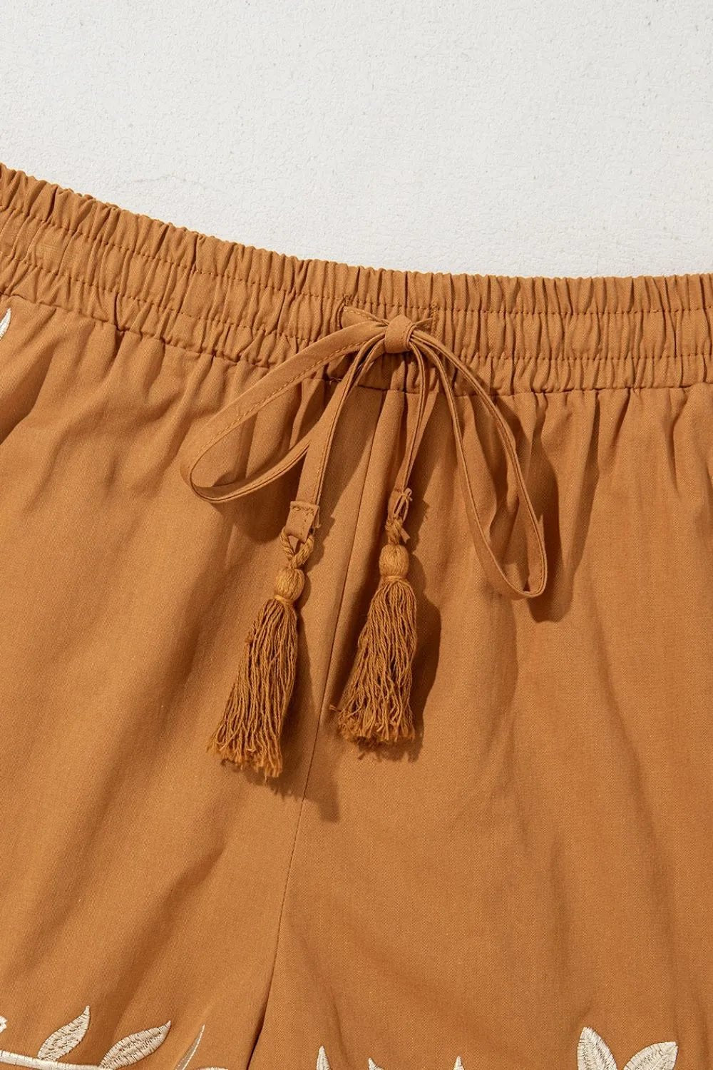 Embroidered Boho Tasseled Drawstring Elastic Waist Casual Shorts - adritiX