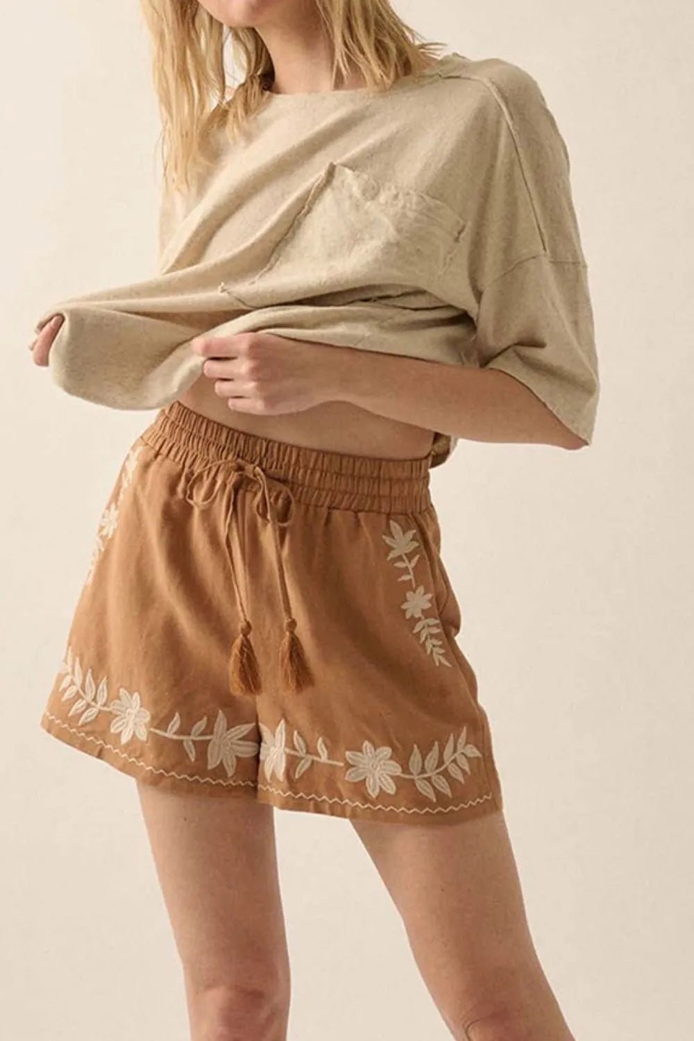 Embroidered Boho Tasseled Drawstring Elastic Waist Casual Shorts - adritiX