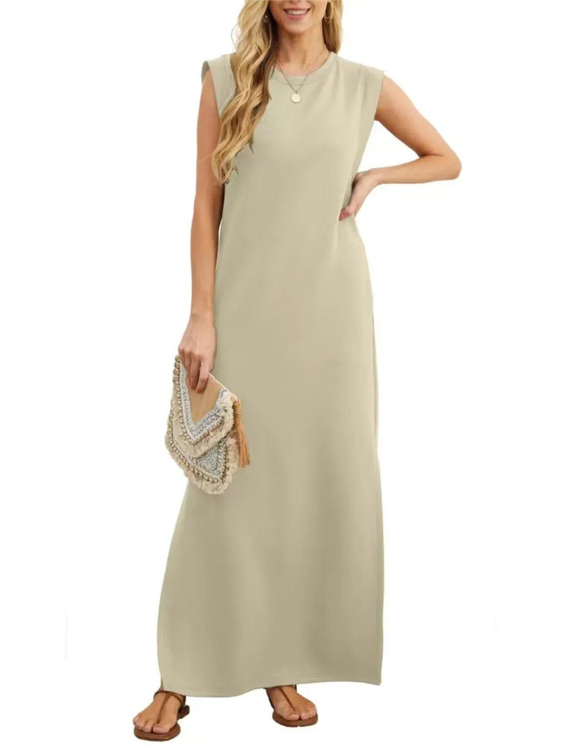Full Size Slit Round Neck Sleeveless Maxi Tank Dress Plus Size - adritiX