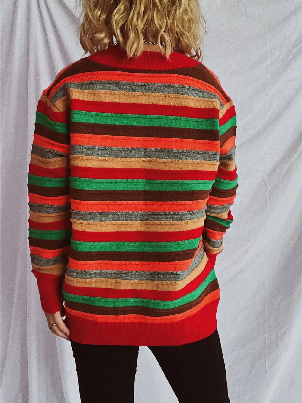 Contrast Stripes Button Up Long Sleeve Cardigan - adritiX
