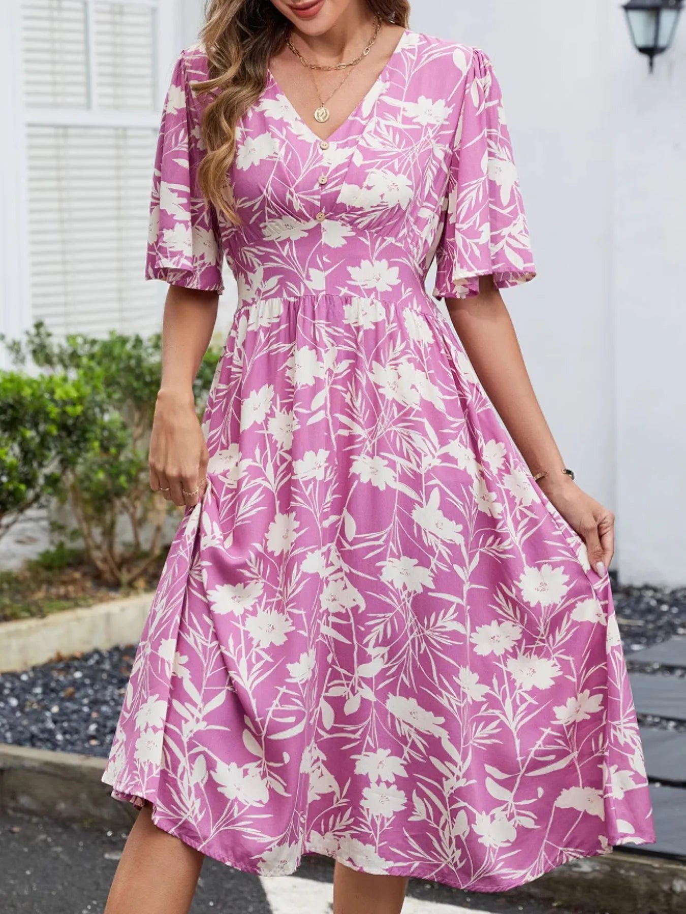 Floral Flutter Sleeve V-Neck Summer Midi Dress - adritiX