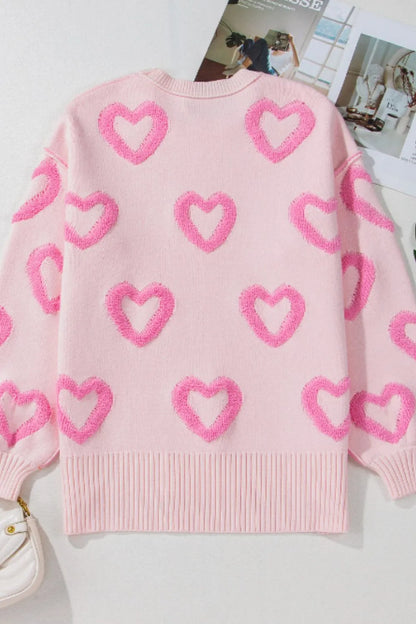 High-Low Heart Round Neck Long Sleeve Sweater - adritiX