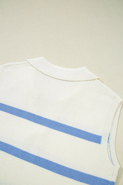 Stripe Split V Neck Collared Ribbed Sweater Vest - adritiX