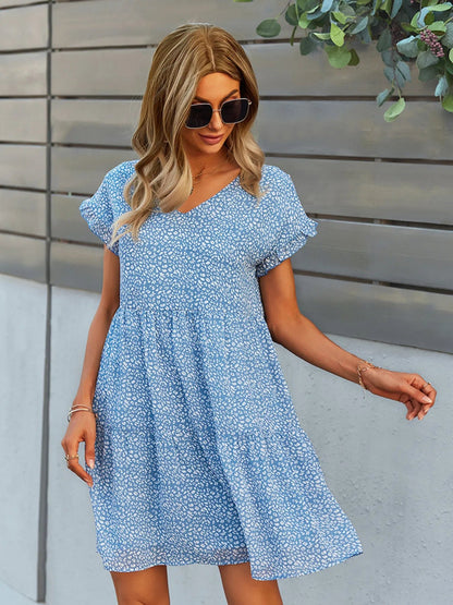Floral Print V-Neck Ruffle Tiered Summer Mini Dress - adritiX