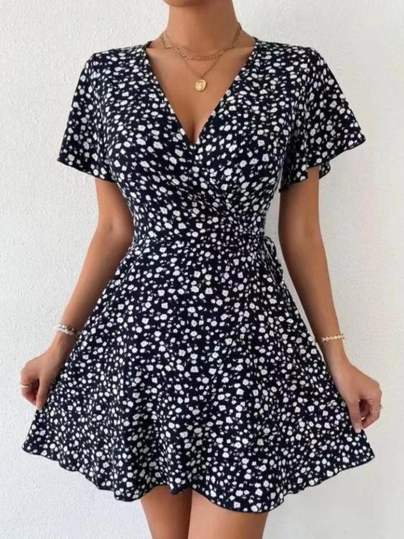 Floral Flutter Sleeve Wrap Mini Dress - adritiX
