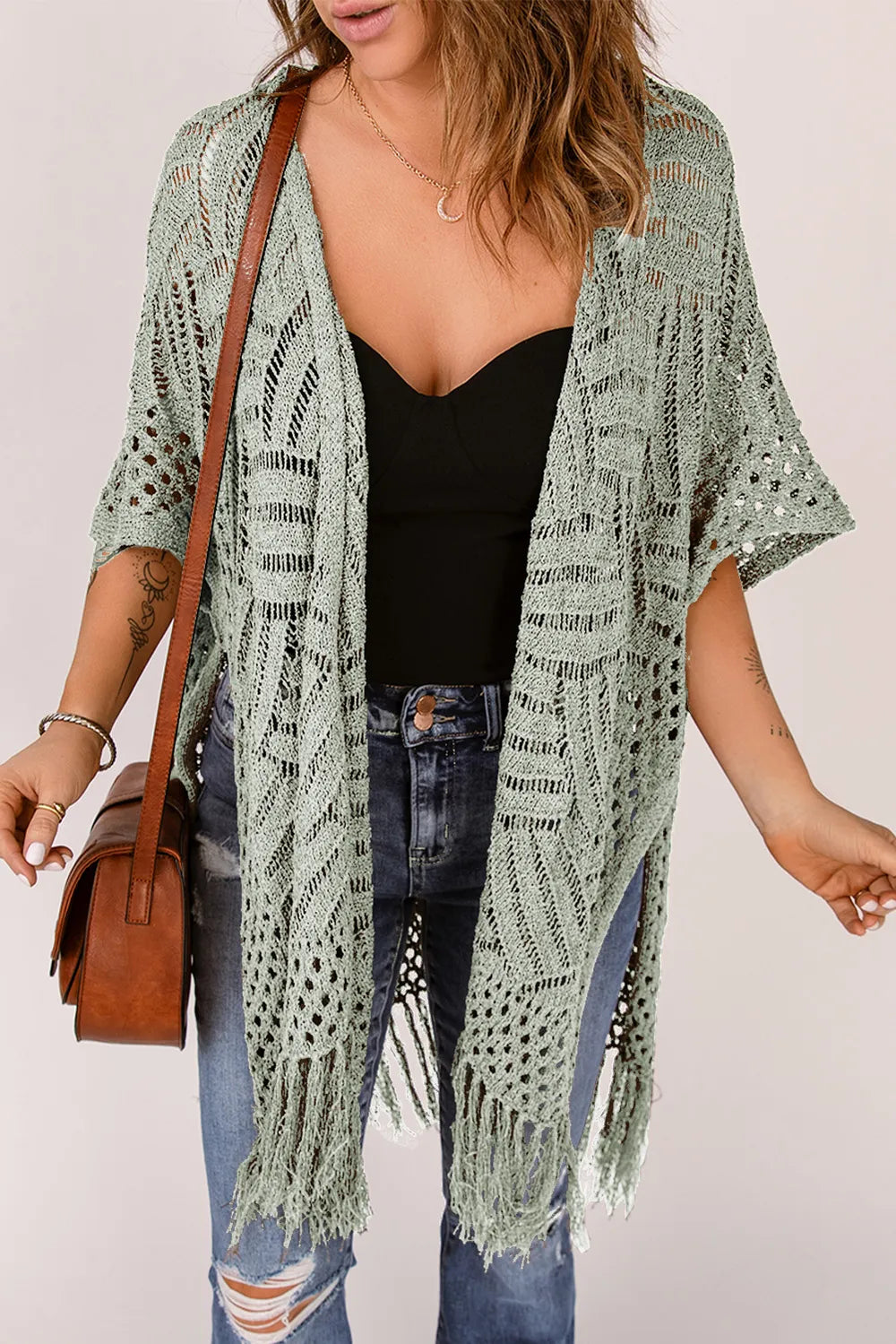 Openwork Open Front Cardigan with Fringes - adritiX