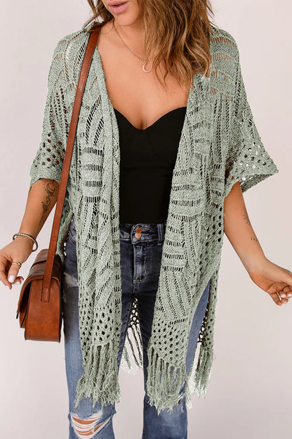 Openwork Open Front Cardigan with Fringes - adritiX