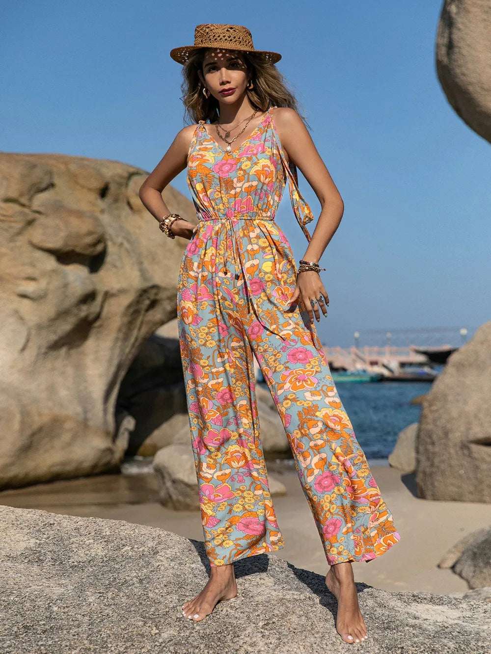 Elegant V-Neck Wide Leg Jumpsuit - adritiX
