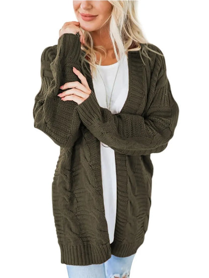Cable-Knit Open Front Long Sleeve Cardigan - adritiX