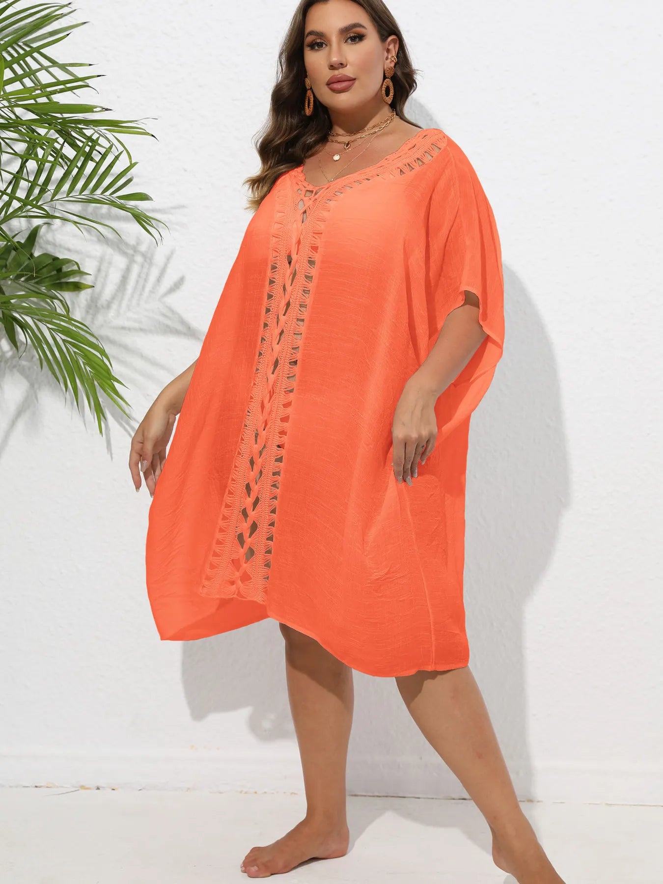 Crochet Trim V-Neck Beach Cover Up Dress - adritiX