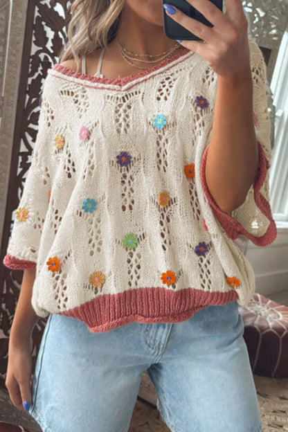 Openwork Flower Half Sleeve Knit Top - adritiX