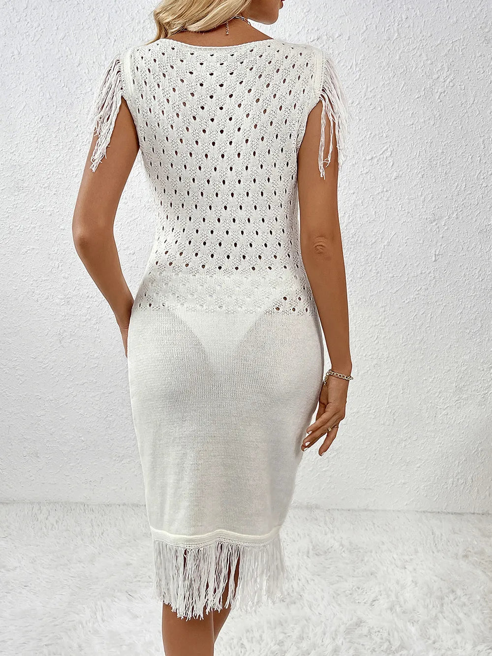 Fringe Openwork Boat Neck Knit Dress - adritiX