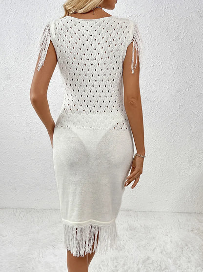 Fringe Openwork Boat Neck Knit Dress - adritiX