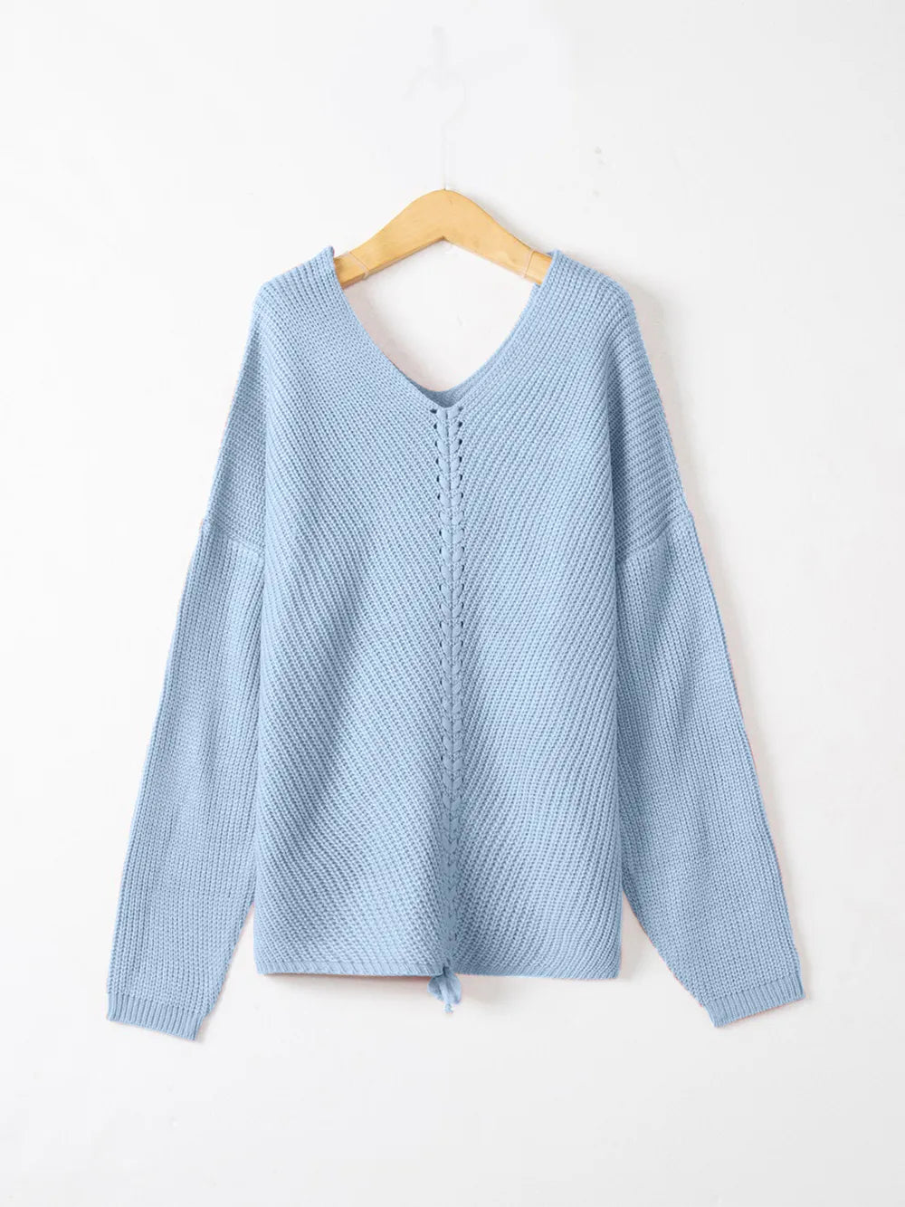 Full Size Lace Up V-Neck Long Sleeve Sweater - adritiX