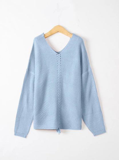 Full Size Lace Up V-Neck Long Sleeve Sweater - adritiX