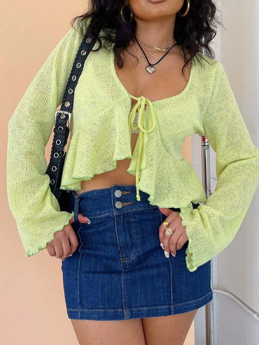 Ruffled Hem Tie-Front Cropped Cardigan - adritiX