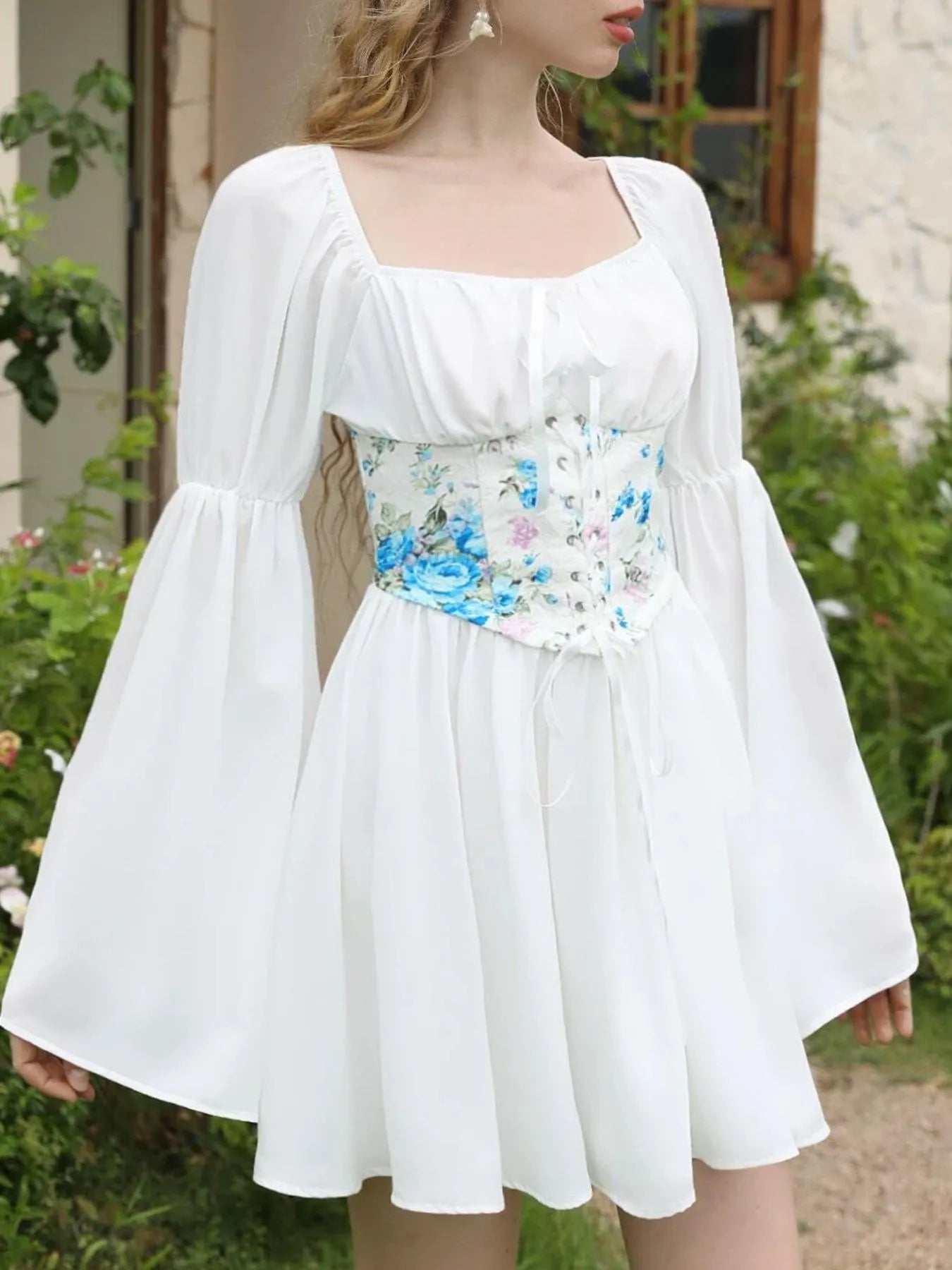 Floral Lace Up Long Sleeve Mini Dress - adritiX