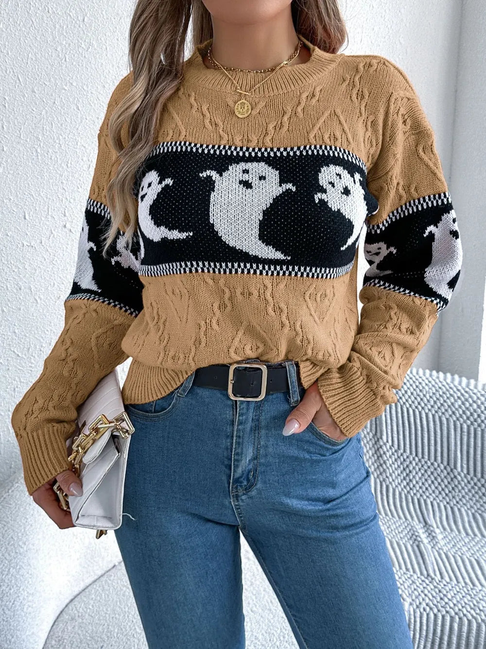 Ghost Round Neck Long Sleeve Sweater - adritiX