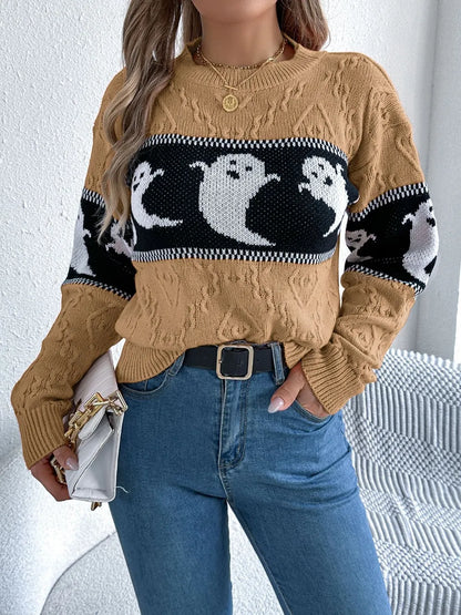 Ghost Round Neck Long Sleeve Sweater - adritiX