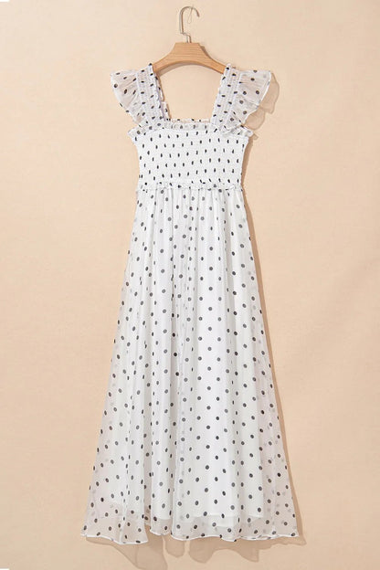 Polka Dot Ruffle Sleeve Smocked Midi Dress - adritiX