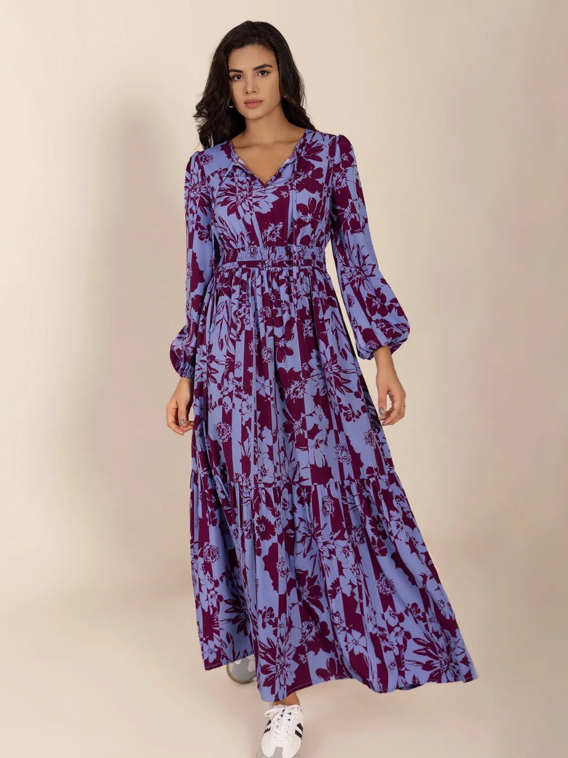 Printed Tie Neck Balloon Sleeve Maxi Dress - adritiX