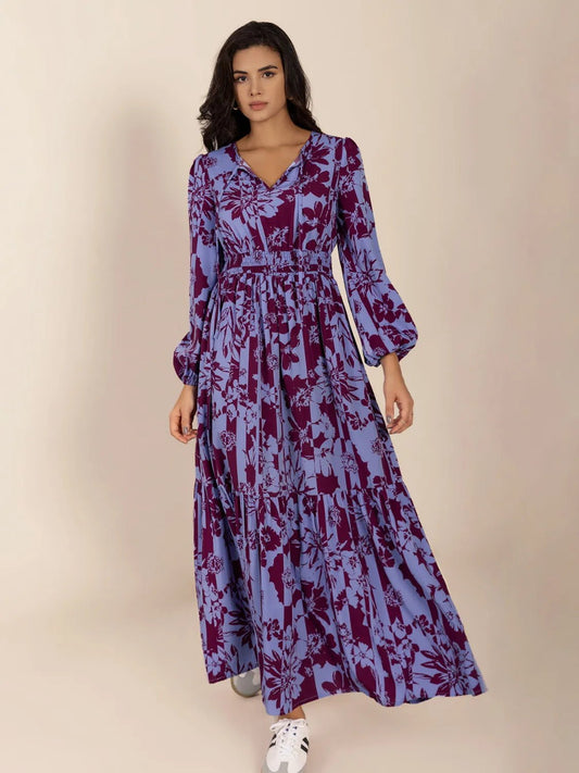 Printed Tie Neck Balloon Sleeve Maxi Dress - adritiX