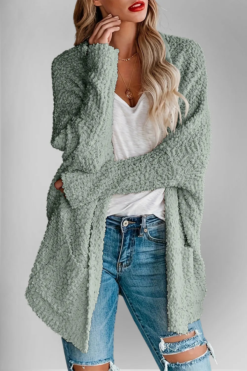 Double Take Pocketed Open Front Long Sleeve Cardigan - adritiX