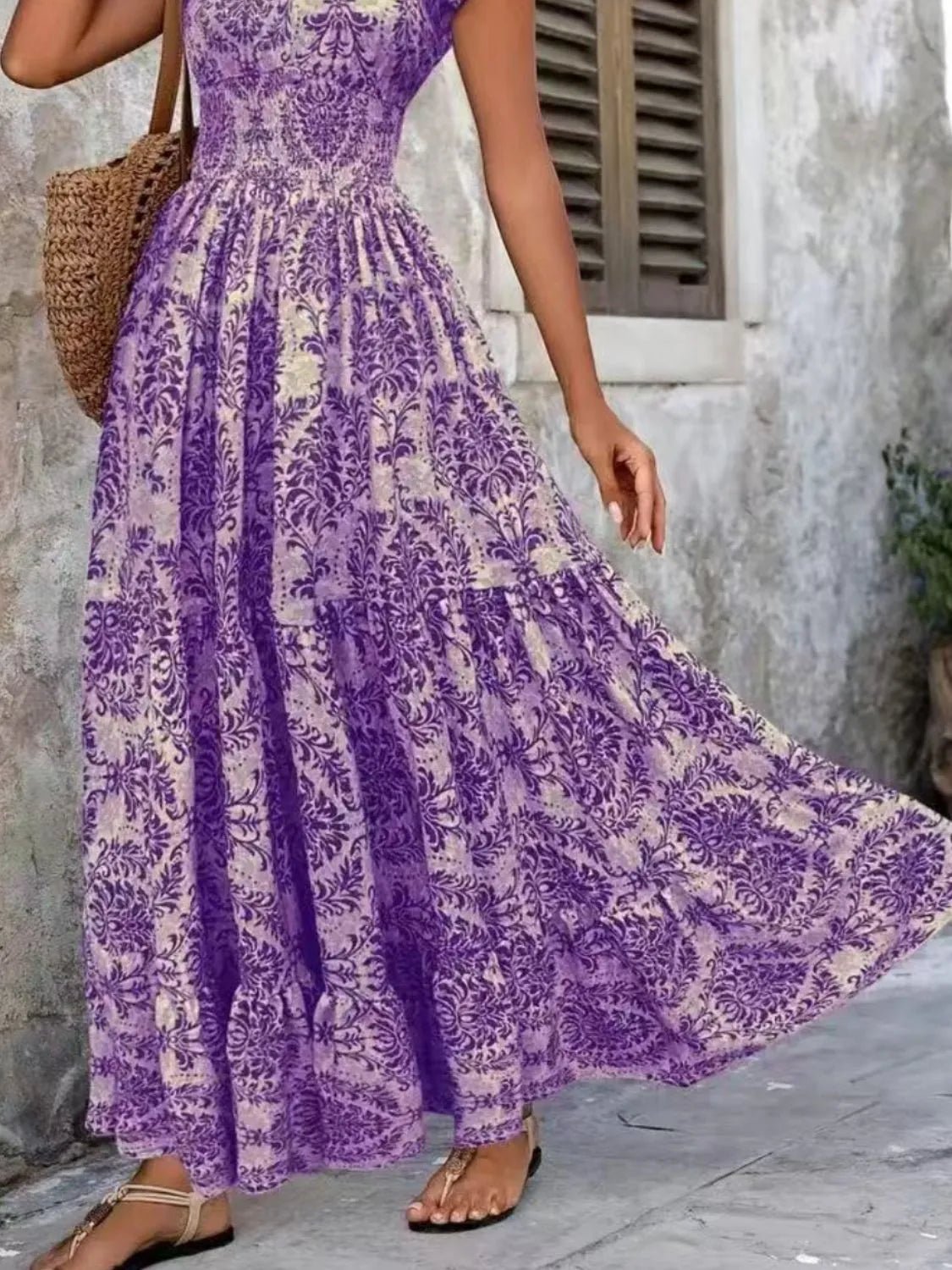 Vintage Floral Cap Sleeve Maxi Dress - adritiX
