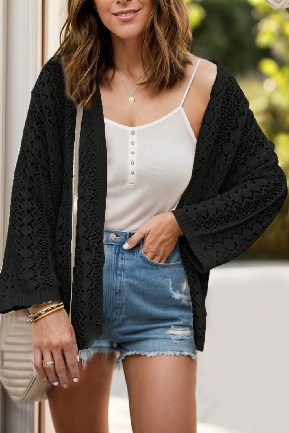 Openwork Open Front Dropped Shoulder Cardigan - adritiX