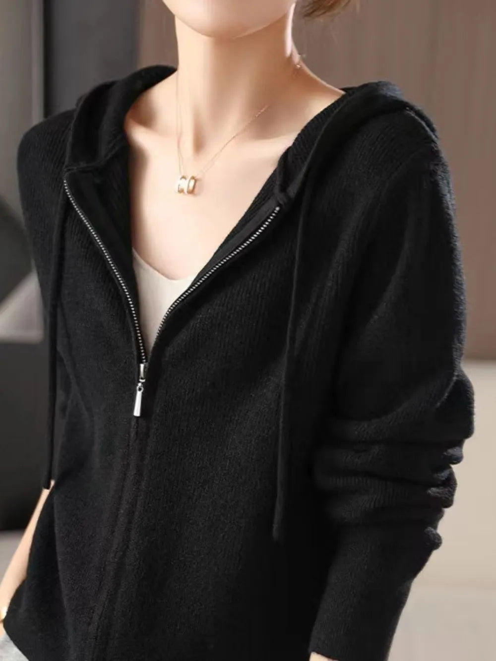 Drawstring Zip Up Long Sleeve Hooded Sweater - adritiX