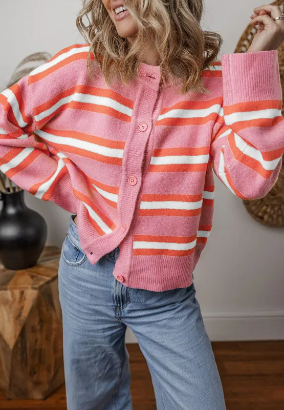 Striped Button Down Long Sleeve Cardigan - adritiX