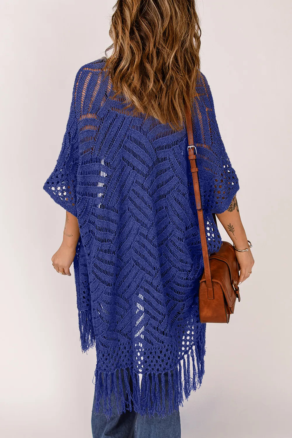 Openwork Open Front Cardigan with Fringes - adritiX